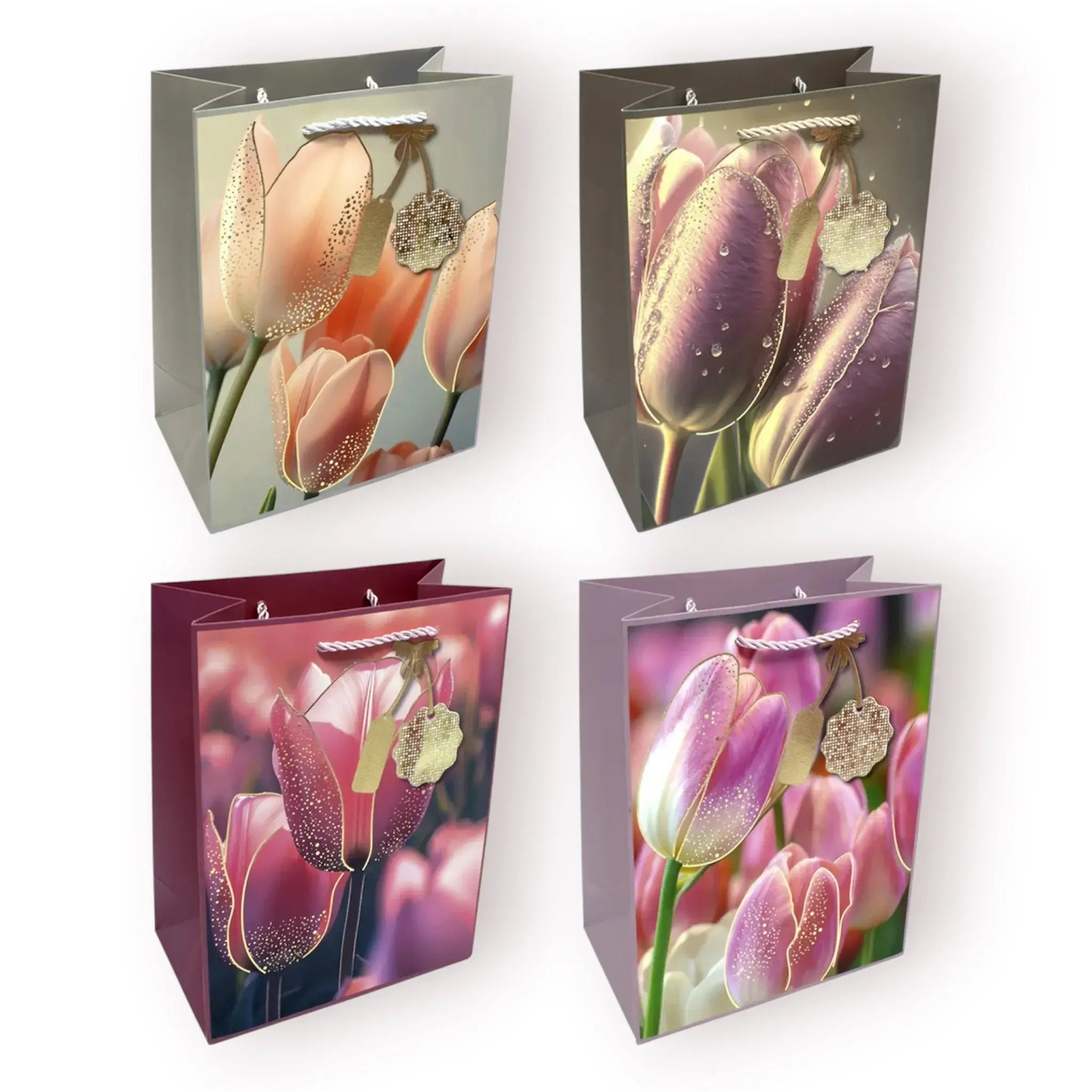 Bolsas de regalo con diseño artístico de tulipanes y detalles dorados en 4 colores distintos, tamaño 18x23cm con asa de cordón.