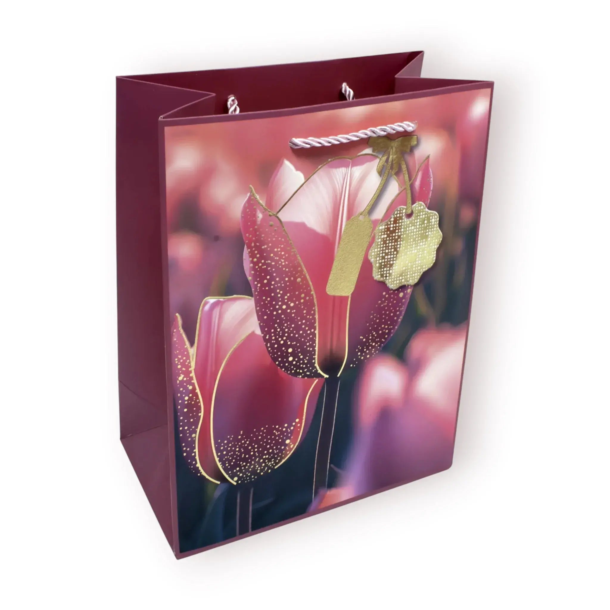 Bolsas de regalo con diseño artístico de tulipanes y detalles dorados en 4 colores distintos, tamaño 18x23cm con asa de cordón.