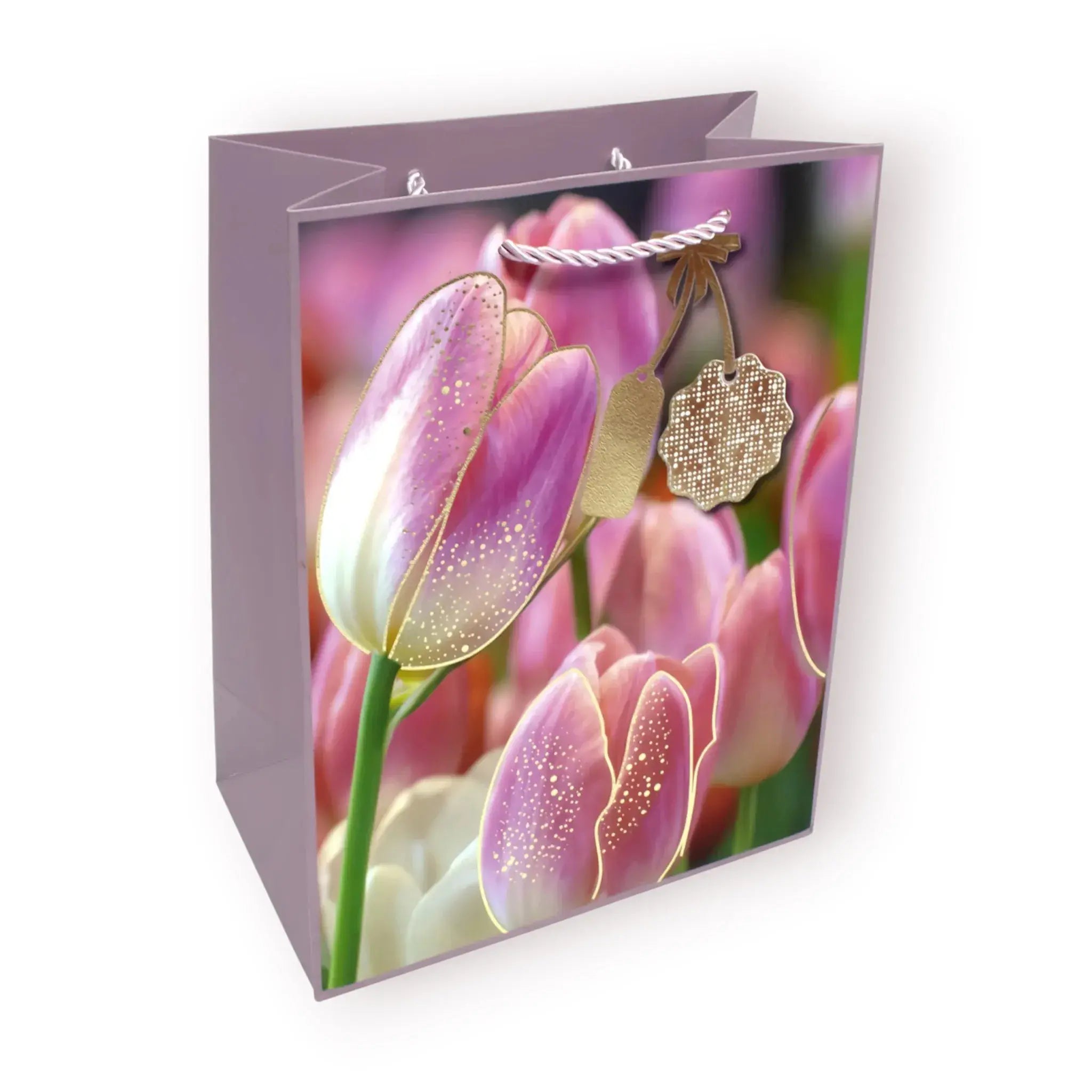 Bolsas de regalo con diseño artístico de tulipanes y detalles dorados en 4 colores distintos, tamaño 18x23cm con asa de cordón.