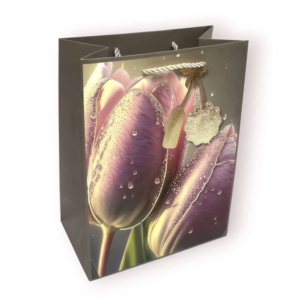 Bolsas de regalo con diseño artístico de tulipanes y detalles dorados en 4 colores distintos, tamaño 18x23cm con asa de cordón.