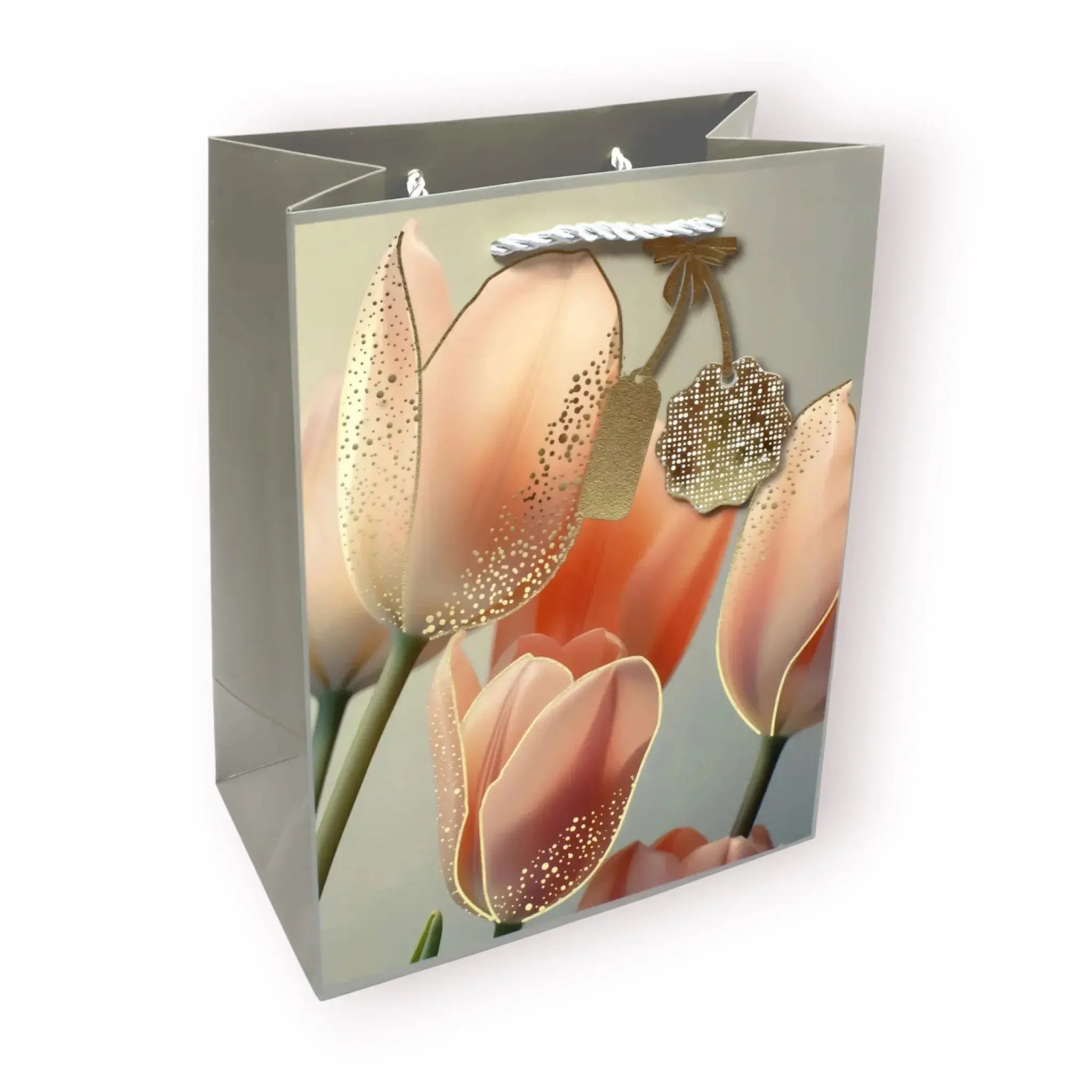 Bolsas de regalo con diseño artístico de tulipanes y detalles dorados en 4 colores distintos, tamaño 18x23cm con asa de cordón.