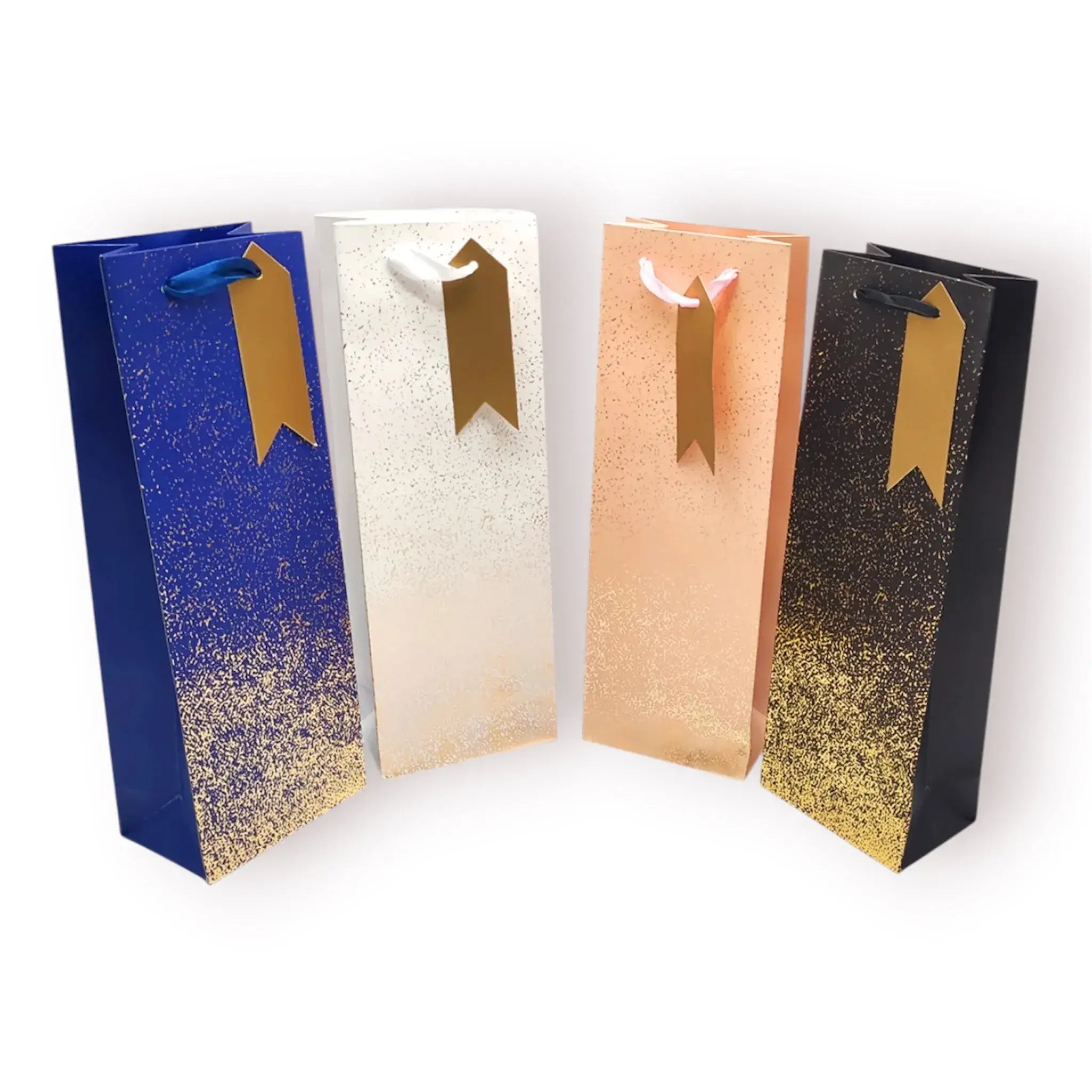 Bolsa de regalo alargada para botellas con diseño de escarcha dorada en degradado, disponible en azul, blanco, durazno y negro con asas de cinta de raso, 12,7x36cm.