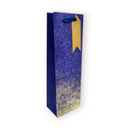 Bolsa de regalo alargada para botellas con diseño de escarcha dorada en degradado, disponible en azul, blanco, durazno y negro con asas de cinta de raso, 12,7x36cm.