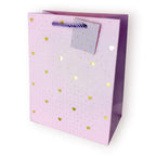 Bolsa de regalo mediana con estampado de corazones dorados metalizados sobre fondos pastel.