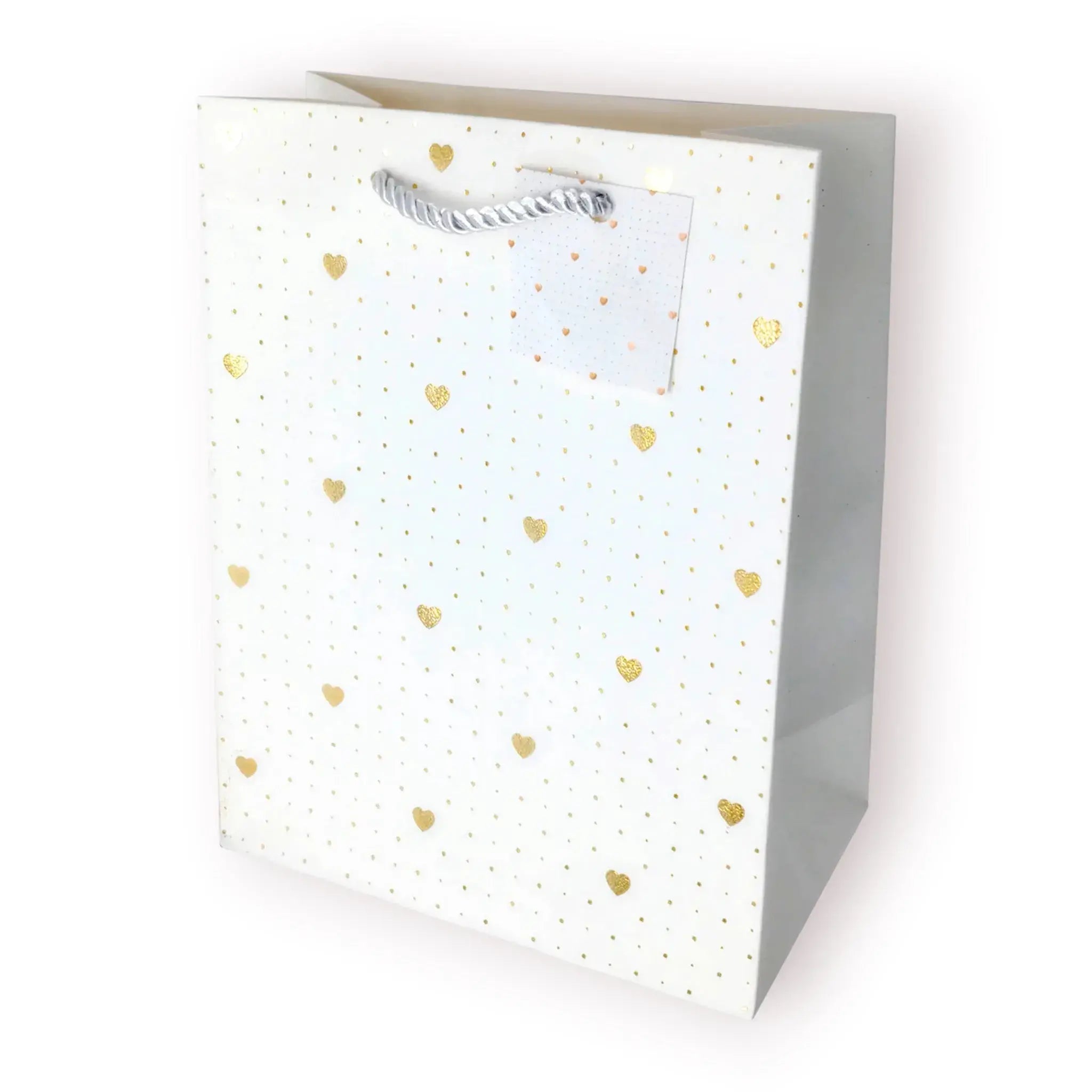 Bolsa de regalo mediana con estampado de corazones dorados metalizados sobre fondos pastel.