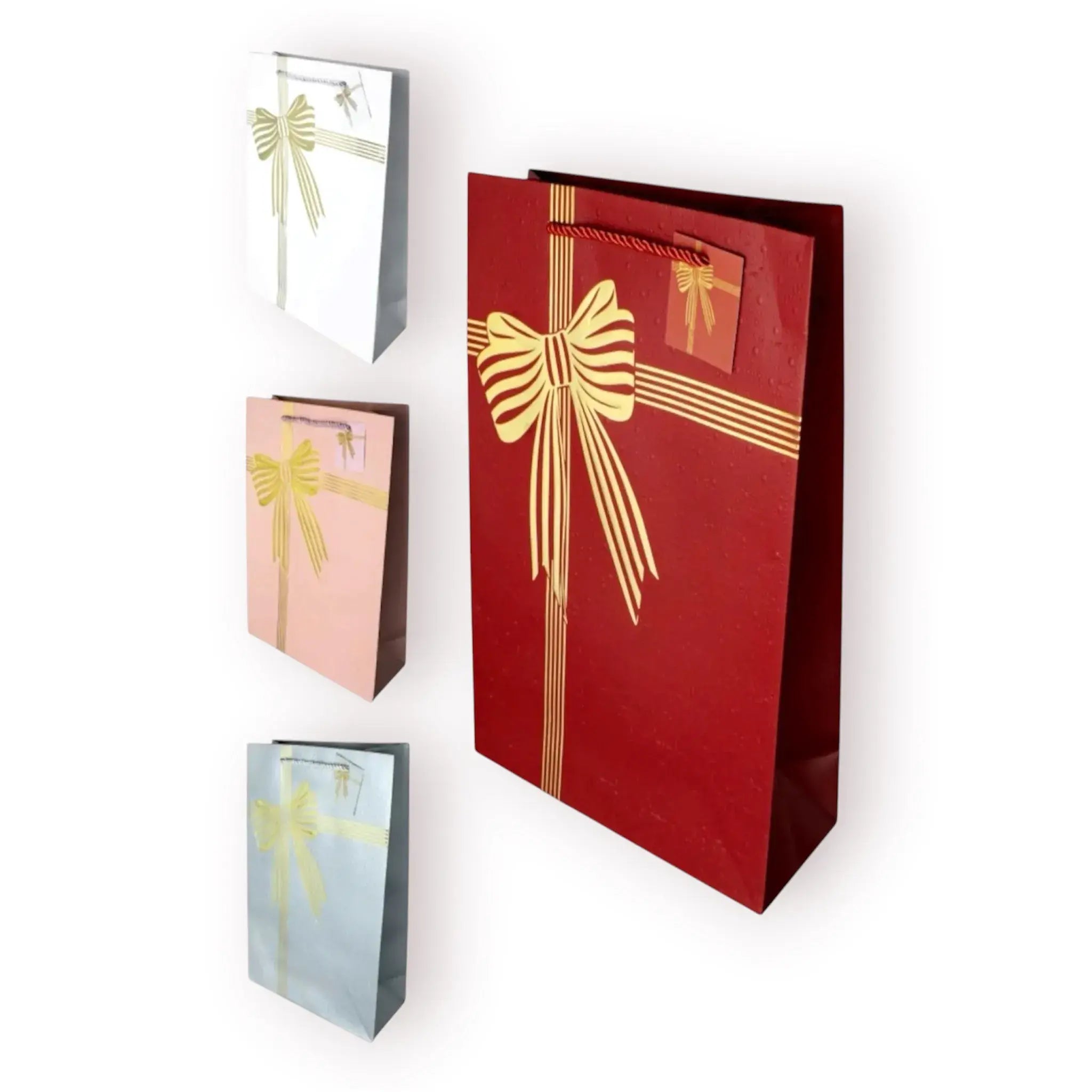 Bolsa de regalo con ilustración de gran lazo y cinta en líneas doradas, disponible en 4 colores con asa de cordón y tarjeta colgante.