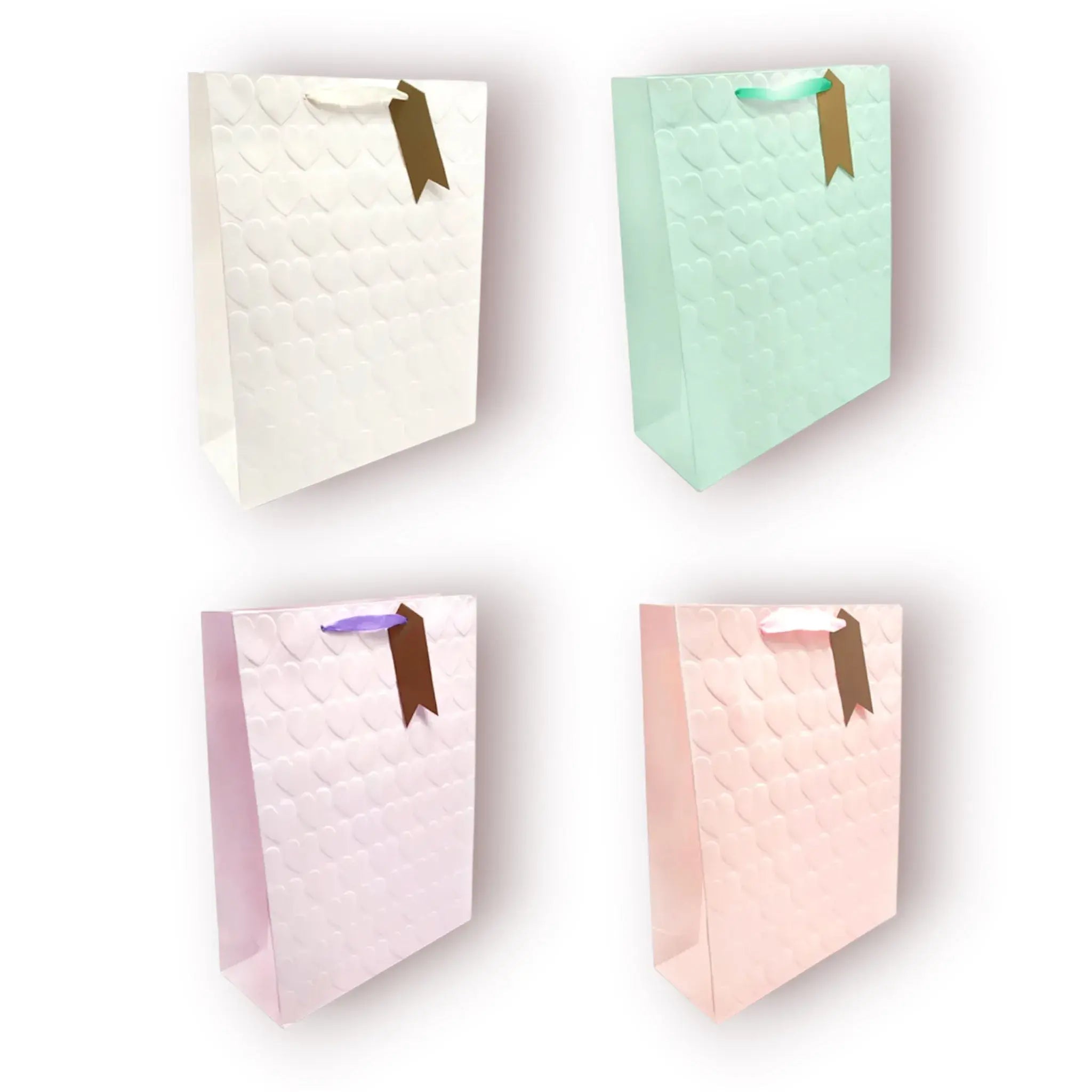 Bolsa de regalo grande con patrón de corazones en relieve en tonos pastel mate blanco, menta, lila y rosa con asas de cinta de raso, Talla L 30x40cm.