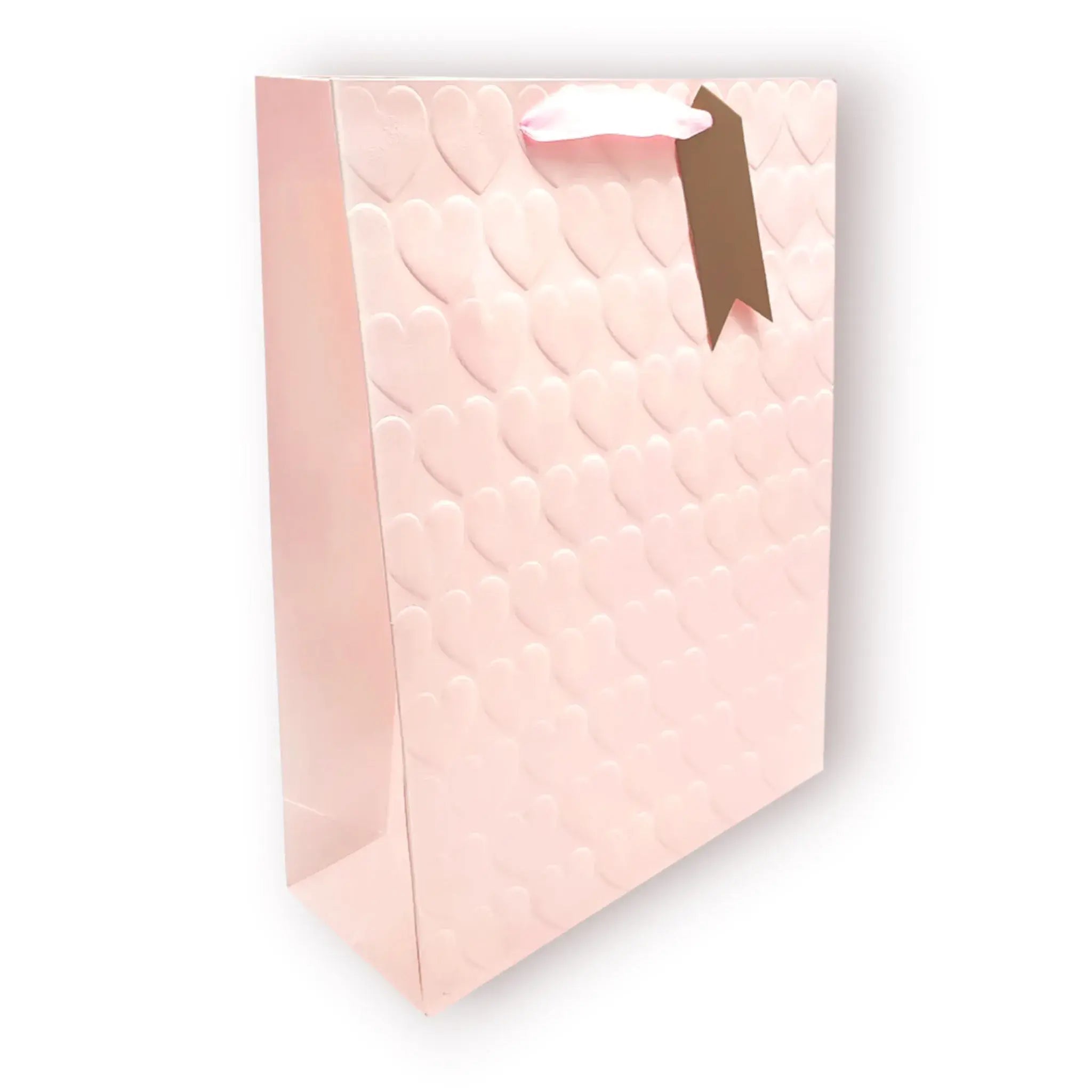 Bolsa de regalo grande con patrón de corazones en relieve en tonos pastel mate blanco, menta, lila y rosa con asas de cinta de raso, Talla L 30x40cm.