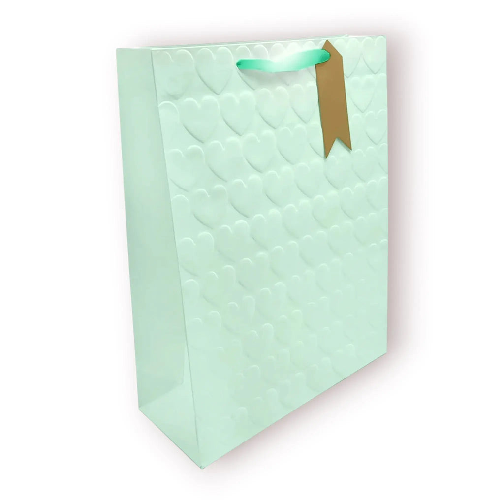 Bolsa de regalo grande con patrón de corazones en relieve en tonos pastel mate blanco, menta, lila y rosa con asas de cinta de raso, Talla L 30x40cm.