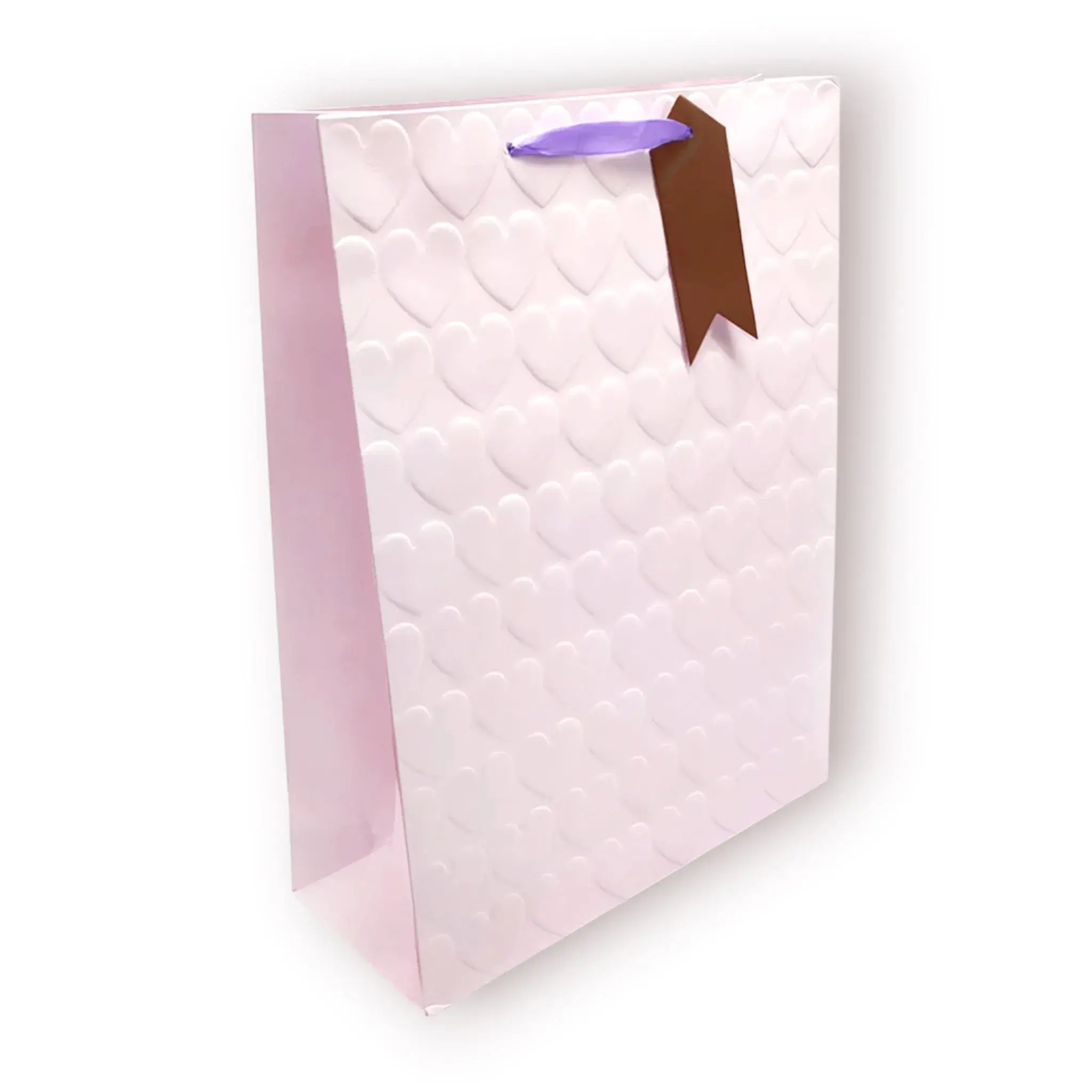 Bolsa de regalo grande con patrón de corazones en relieve en tonos pastel mate blanco, menta, lila y rosa con asas de cinta de raso, Talla L 30x40cm.