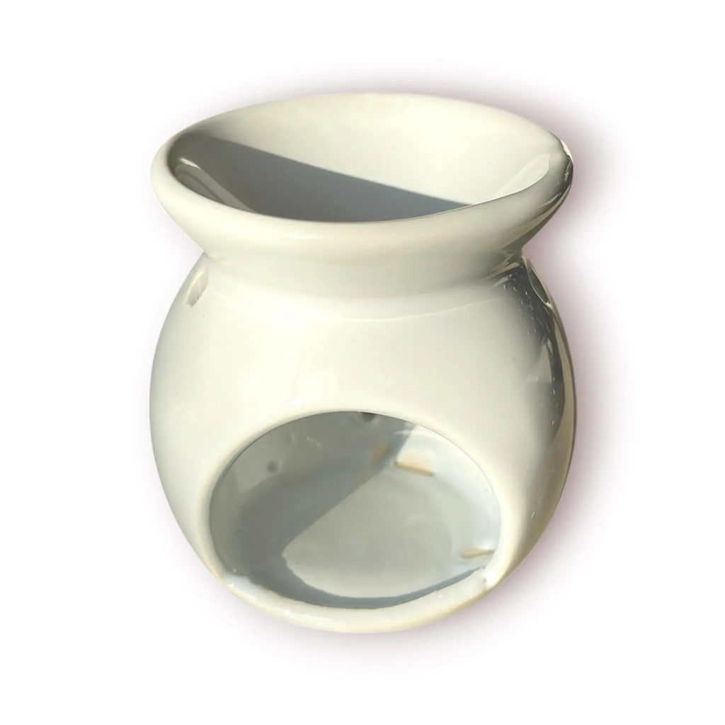 Difusor aromático de cerámica esmaltada modelo clásico para esencias y velas de té, disponible en colores blanco, rosado y azul celeste.