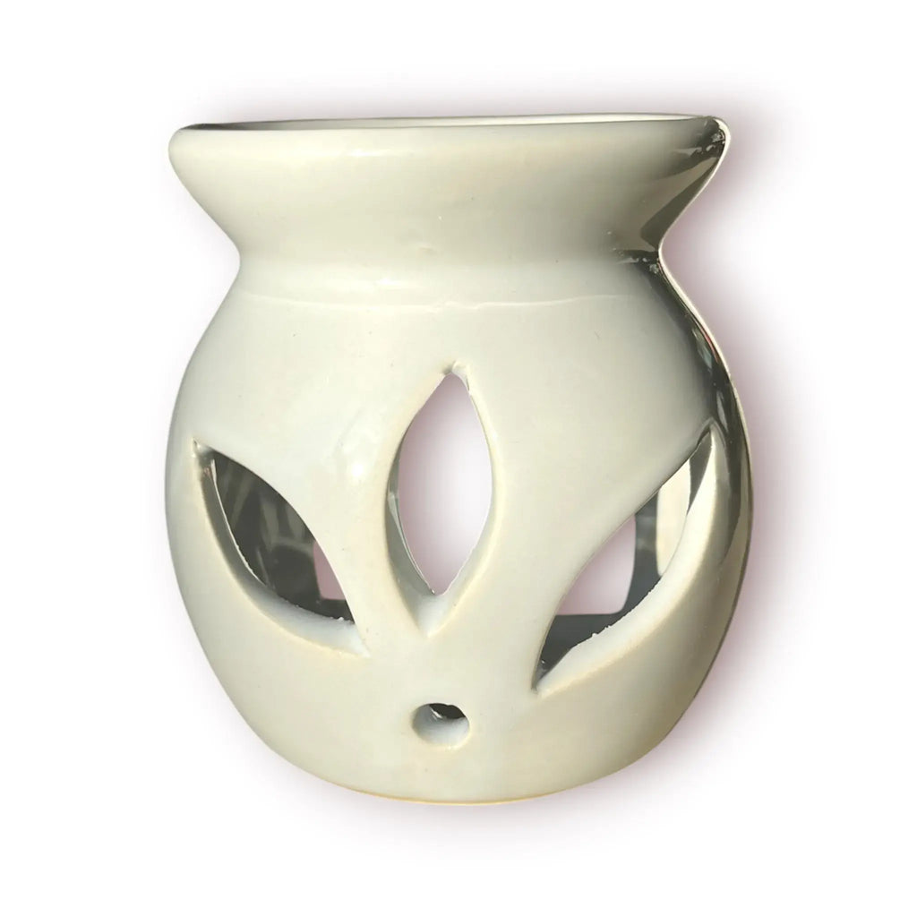 Difusor aromático de cerámica esmaltada modelo clásico para esencias y velas de té, disponible en colores blanco, rosado y azul celeste.