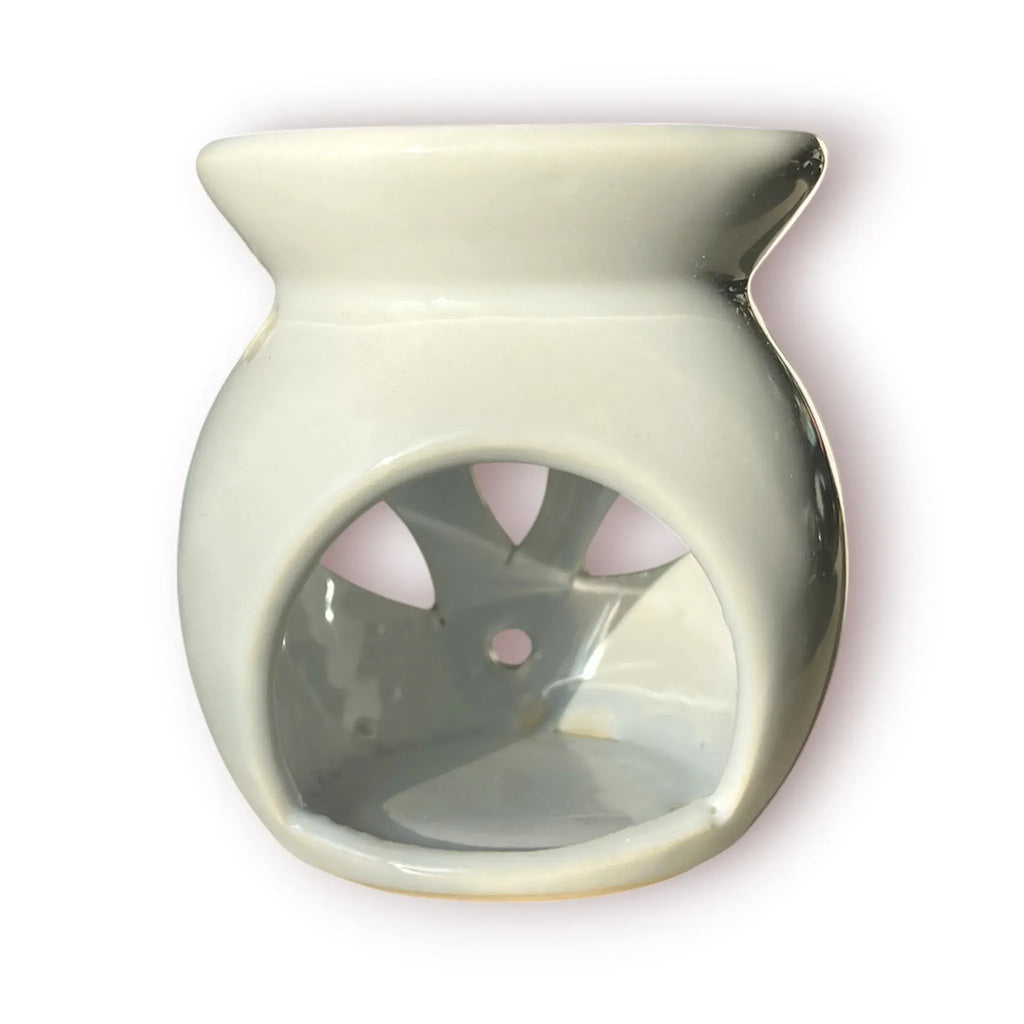Difusor aromático de cerámica esmaltada modelo clásico para esencias y velas de té, disponible en colores blanco, rosado y azul celeste.