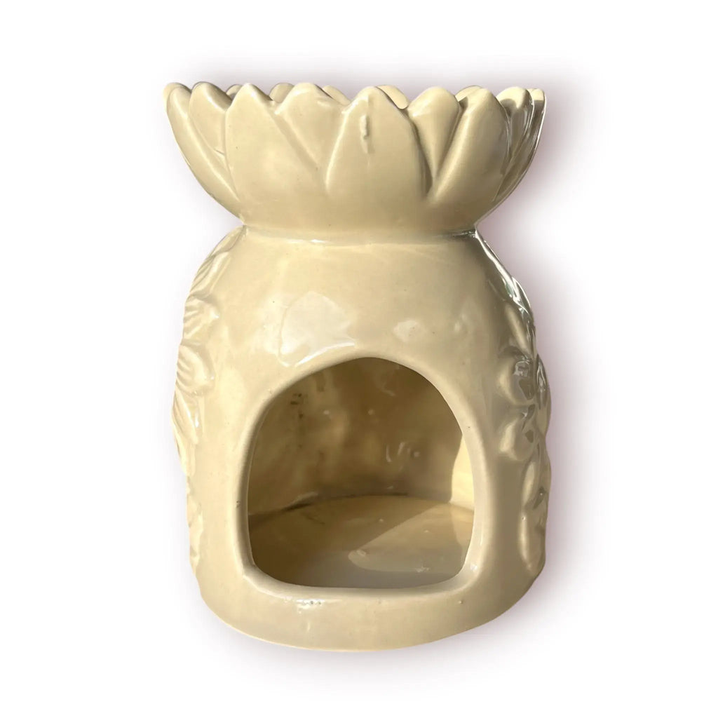Difusor aromático de cerámica esmaltada con relieve de girasol y cuenco en forma de flor, disponible en colores blanco, café y beige.
