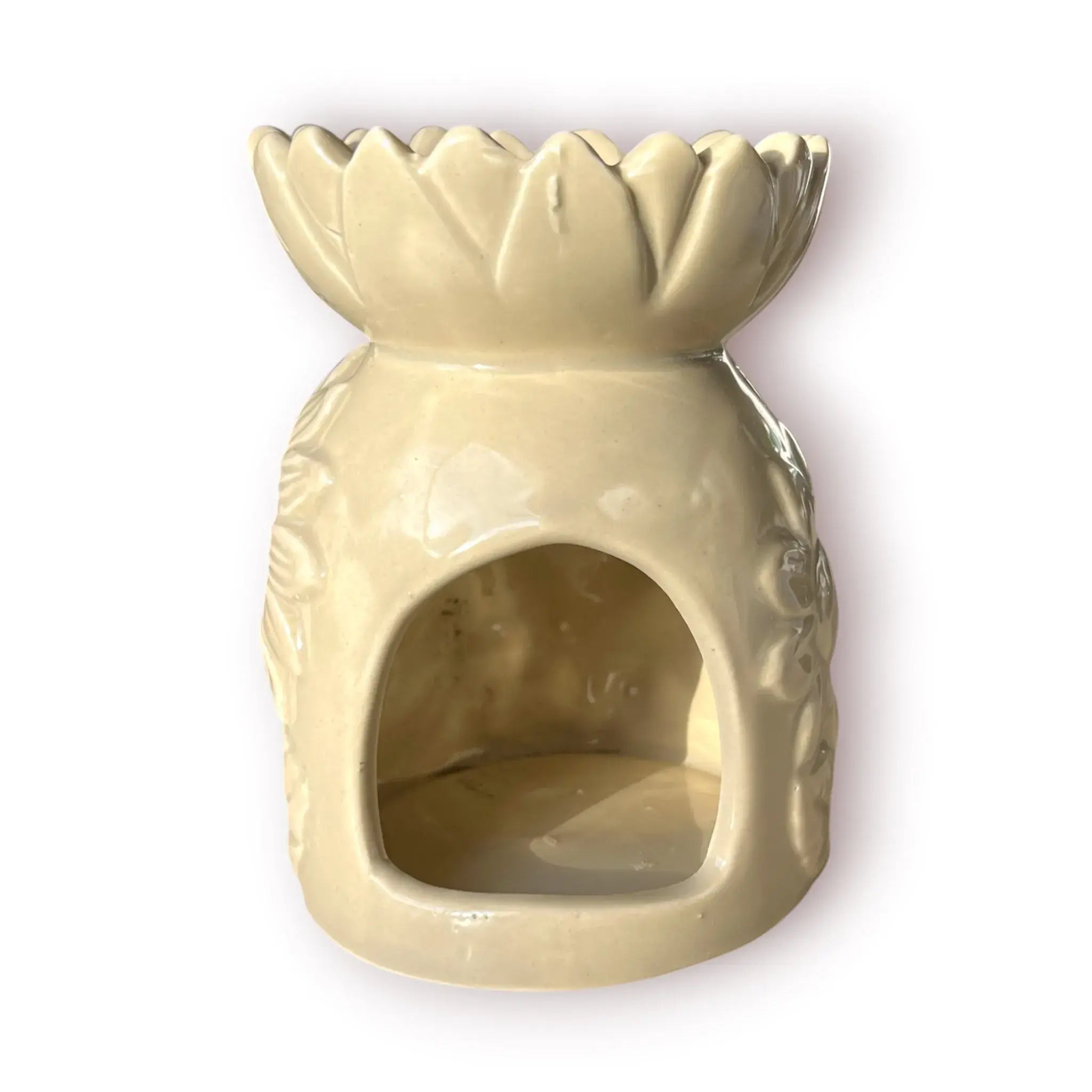 Difusor aromático de cerámica esmaltada con relieve de girasol y cuenco en forma de flor, disponible en colores blanco, café y beige.