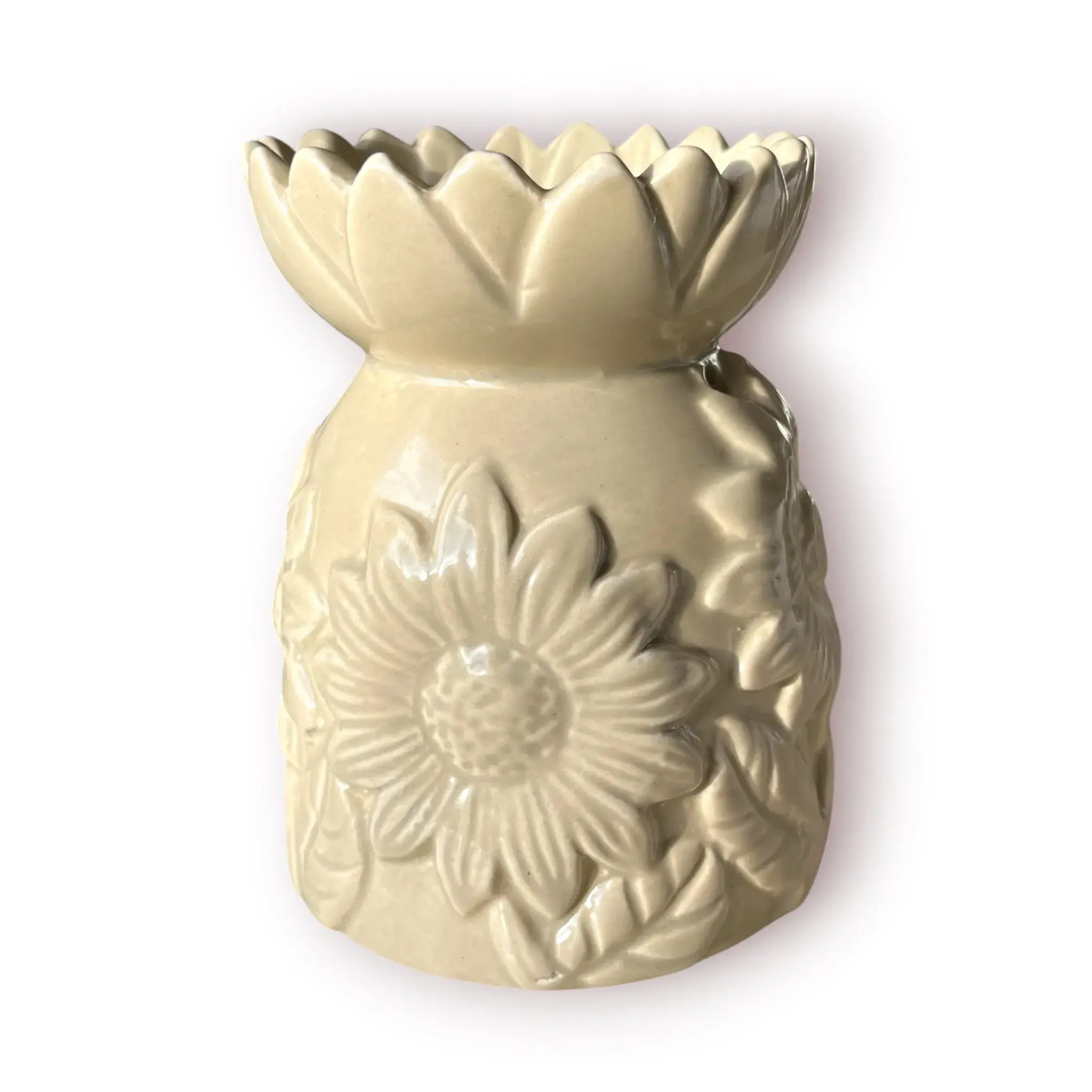 Difusor aromático de cerámica esmaltada con relieve de girasol y cuenco en forma de flor, disponible en colores blanco, café y beige.
