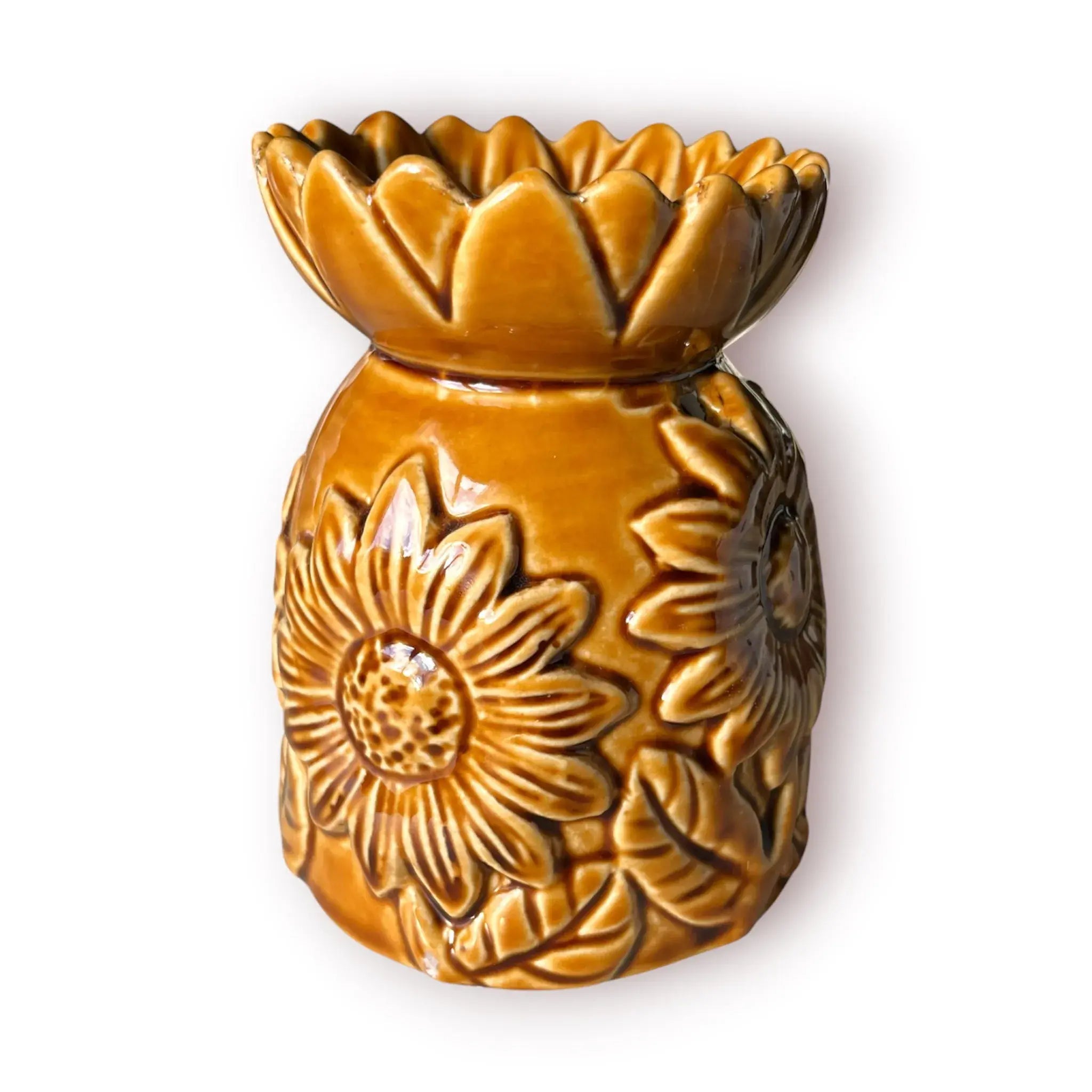 Difusor aromático de cerámica esmaltada con relieve de girasol y cuenco en forma de flor, disponible en colores blanco, café y beige.