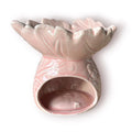 Difusor aromático de cerámica esmaltada con relieve e ingenioso cuenco en forma de hoja, disponible en colores rosado pastel y café.