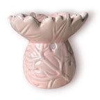 Difusor aromático de cerámica esmaltada con relieve e ingenioso cuenco en forma de hoja, disponible en colores rosado pastel y café.