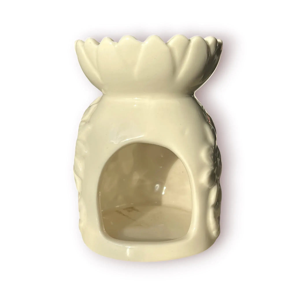 Difusor aromático de cerámica esmaltada con relieve de girasol y cuenco en forma de flor, disponible en colores blanco, café y beige.
