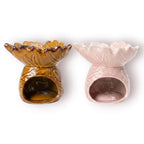 Difusor aromático de cerámica esmaltada con relieve e ingenioso cuenco en forma de hoja, disponible en colores rosado pastel y café.