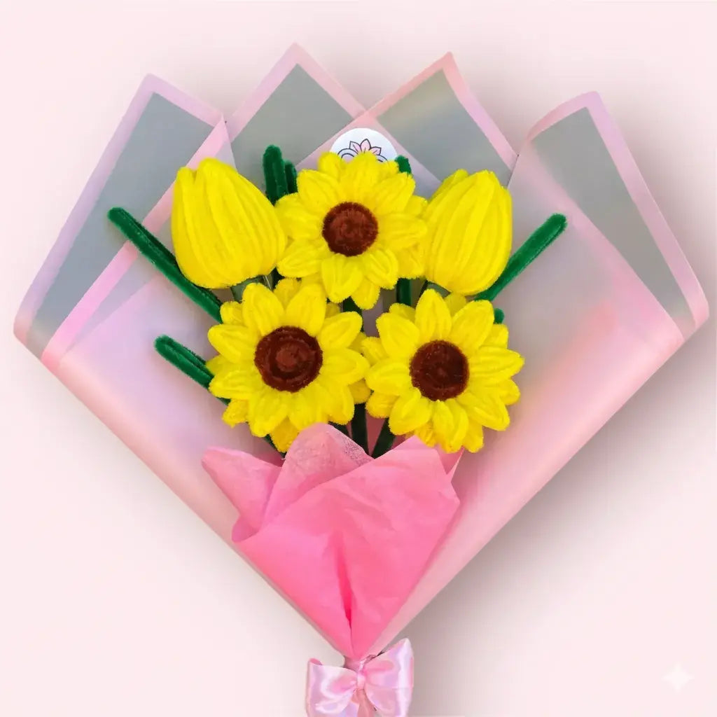 Ramo de 3 girasoles y 2 tulipanes